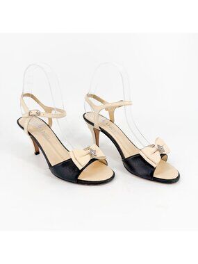 Chanel CC Crystal Star Bow Sandals Heels Cream Black Size 37.5 US 6.5-7 Women's